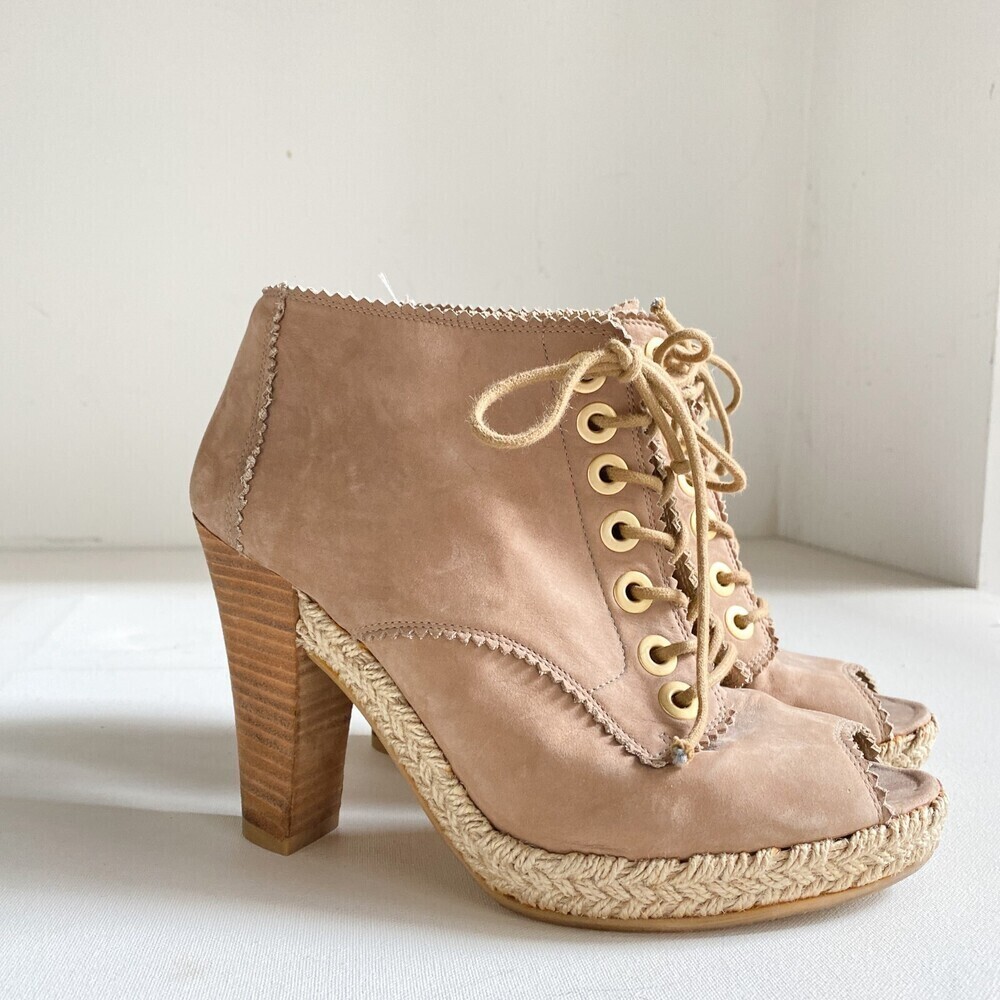 Stuart Weitzman Light Beige Suede Espadrille Detail Heeled Peep Toe Booties 7.5